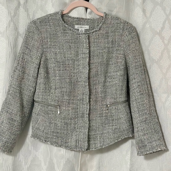 Liz Claiborne Grey/White Tweed Suit Blazer Hidden Zipper Jacket Size M.  NWOT - Picture 1 of 9